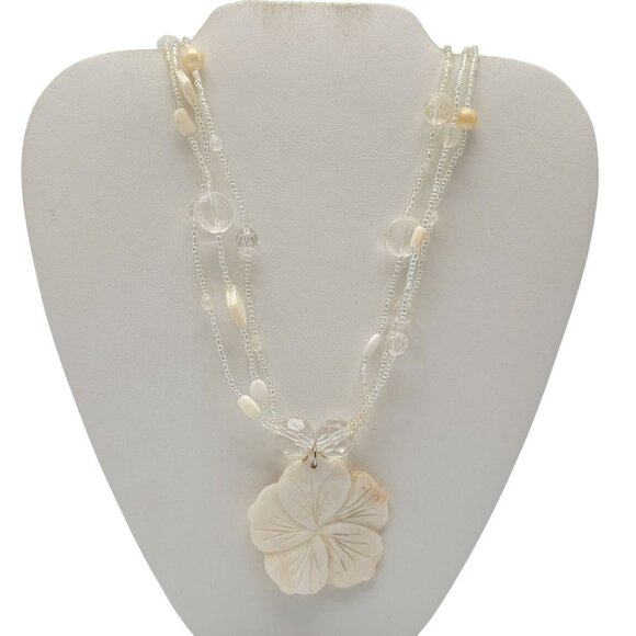 Triple-Strand Beaded Necklace Carved Shell Flower Pendant Adjustable Chain - Picture 1 of 5